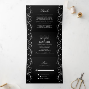 Invitation Trois Volets Flore argentée ornée sur Mariage noir