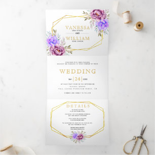 Invitation Trois Volets Flores d'aquarelle violet typographie or mariage