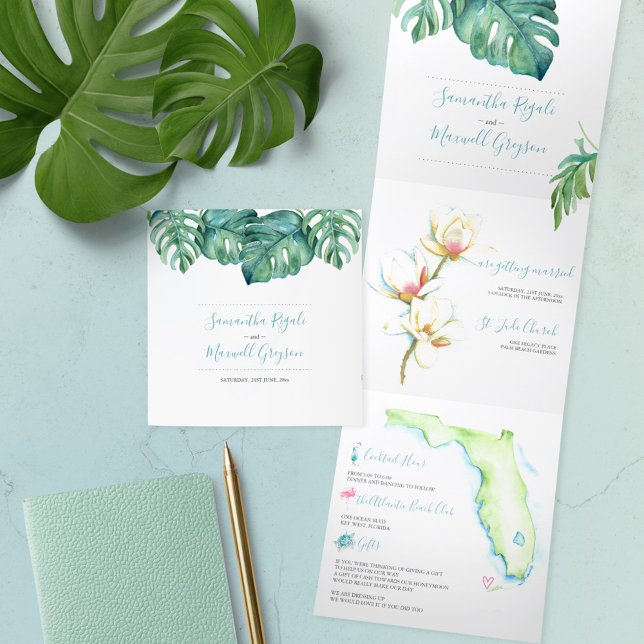 Invitation Trois Volets Floride tropicale Magnolia Aquarelle tout en un (hand painted watercolor wedding invitations tropical Florida art Victoria Grigaliunas DoTellABelle)