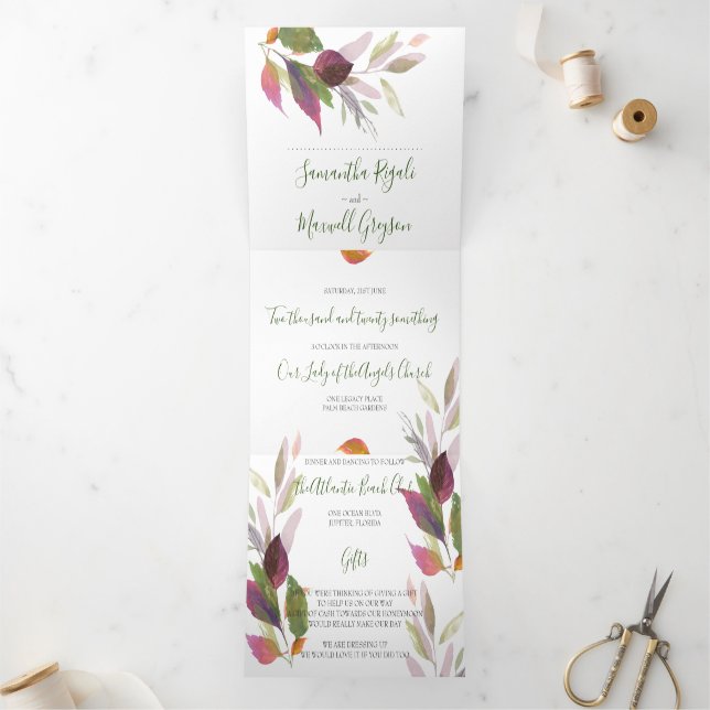 Invitation Trois Volets Foliage Rustique Tout en un mariage Inviter (Intérieur)