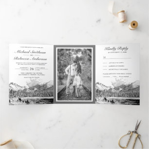 Invitation Trois Volets Forêt de montagne rustique avec lac pour mariage t