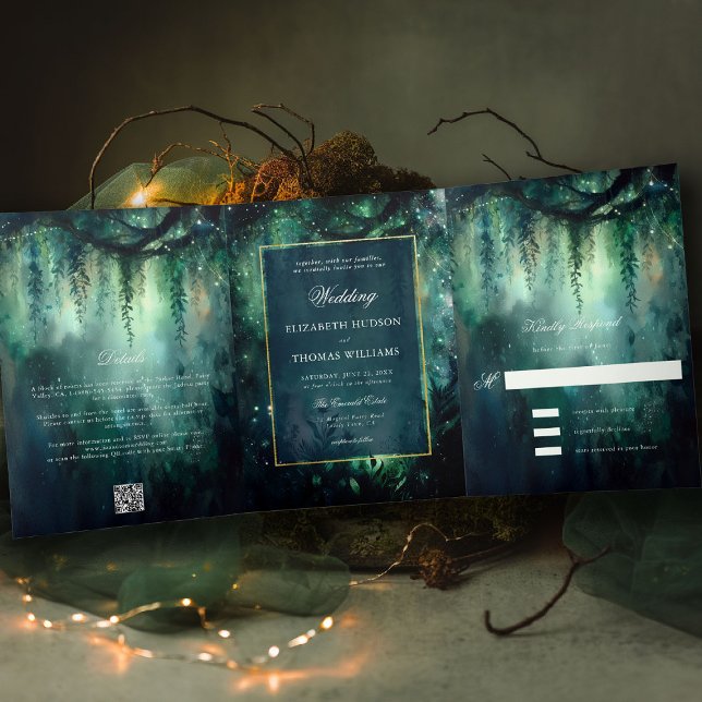 Invitation Trois Volets Forêt enchantée vert romantique tout en un Mariage (enchanted forest wedding invitation trifold romantic greenery all in one green gold magical woods)