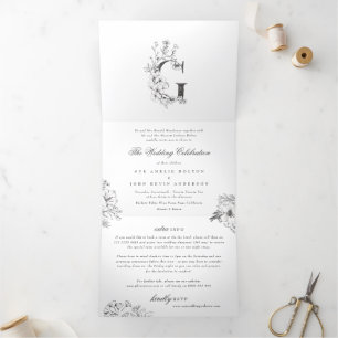 Invitation Trois Volets 'G' Monogramme Beau Mariage floral croisé