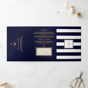 Invitation Trois Volets Gold Ancre Navy Blue & White Stripe Mariage Suite