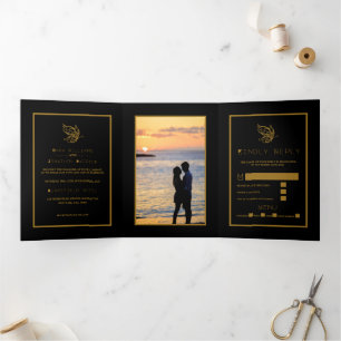Invitation Trois Volets Gold Butterfly, Black & Gold Mariage Suite