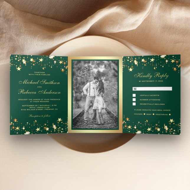 Invitation Trois Volets Gold Foil Stars Confetti Emerald Green Mariage (Créateur téléchargé)