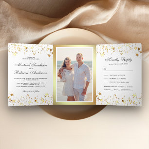 Invitation Trois Volets Gold Foil Stars Confetti Mariage blanc