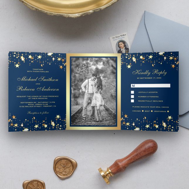 Invitation Trois Volets Gold Foil Stars Confetti Mariage bleu marine (Créateur téléchargé)