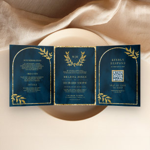 Invitation Trois Volets Gold Laurel Wreath Feuille Océan Bleu Mariage