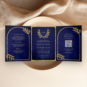 Invitation Trois Volets Gold Laurel Wreath Feuille Royal Blue Mariage