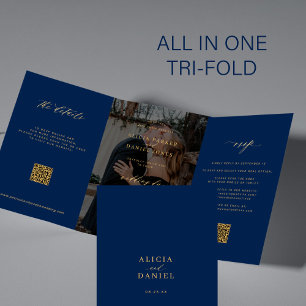 Invitation Trois Volets Gold marine bleu photo mariage RSVP détails code Q