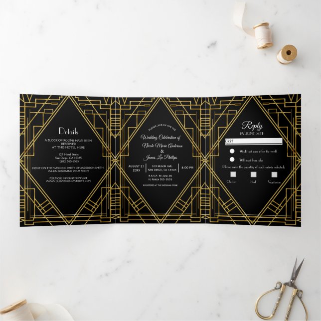 Invitation Trois Volets Gold Noir 20's Déco Elégant Trifold Mariage (Intérieur)