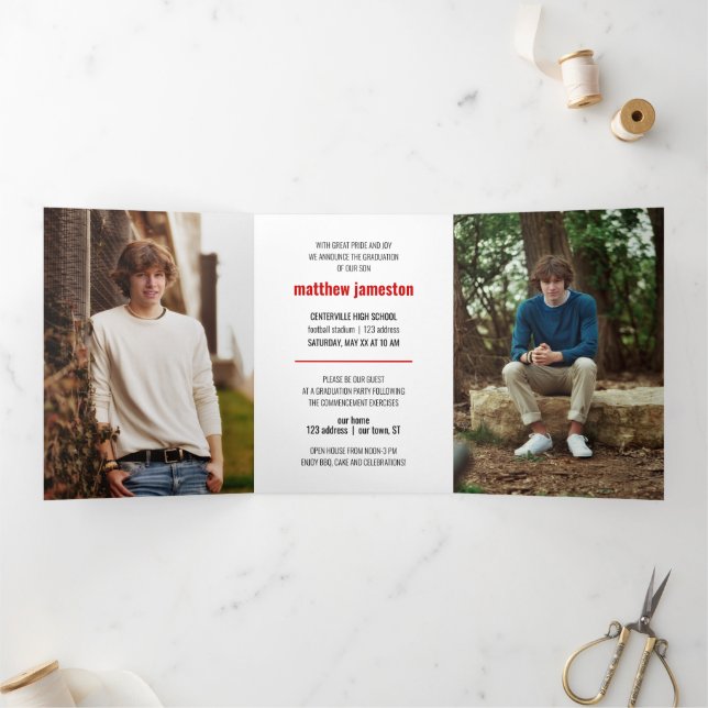 Invitation Trois Volets Graduation de photos en rouge gras et moderne (Intérieur)
