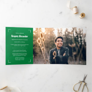 Invitation Trois Volets Green Edgy Abstrait Brushstroke Photo Graduation