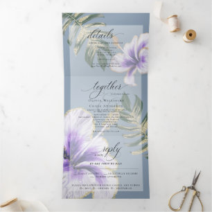 Invitation Trois Volets Hibiscus d'aquarelle violet Mariage floral Tri-Fol