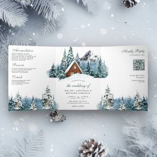 Invitation Trois Volets Hiver Mountain Forest Cabine Lodge QR Code Mariage
