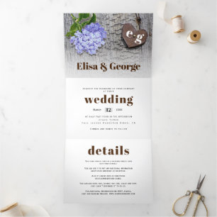 Invitation Trois Volets Hydrangée bleue et coeur sur bois mariage rustique