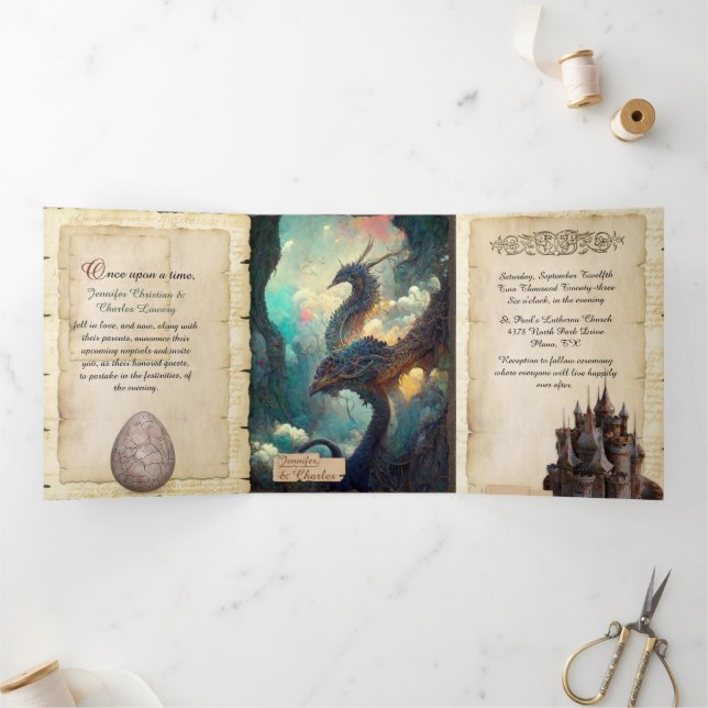 Invitation Trois Volets Imaginaire Dragons et Château Fairytale Mariage (Intérieur)