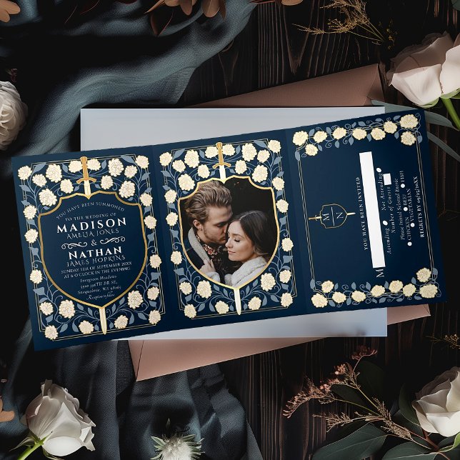 Invitation Trois Volets Imaginaire médiéval Blue Sword & Shield Mariage (Créateur téléchargé)