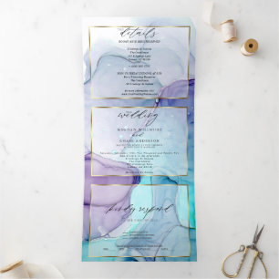Invitation Trois Volets Impressionnant Aqua Violet Abstraite Encre Tri-Fol