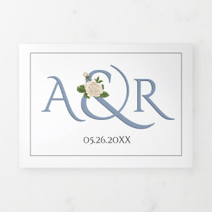 Invitation Trois Volets Initiales et ampersand bleu outrepasse, mariage ro