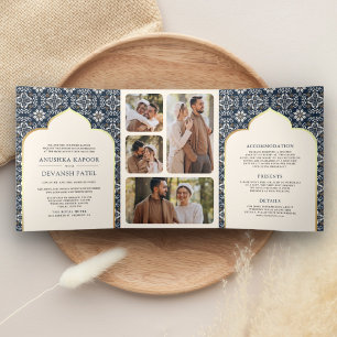 Invitation Trois Volets Ivoire Bleu Nuit Motif Tenue de Mariage Indien Tou