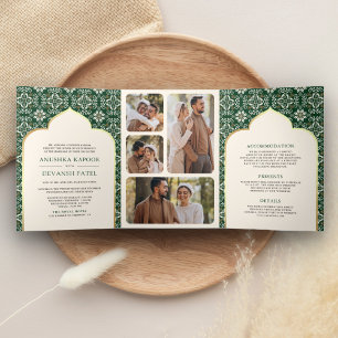 Invitation Trois Volets Ivoire Émeraude Motif Tout en Un Mariage Indien