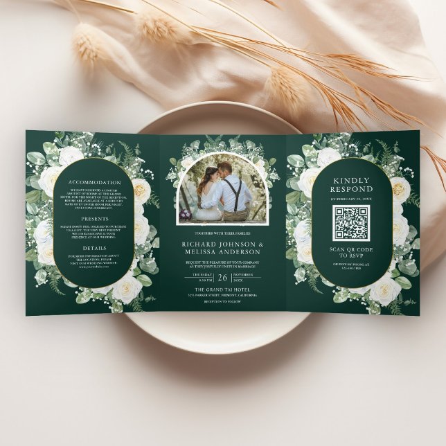 Invitation Trois Volets Ivory Floral Photo Emerald Green QR Code Wedding (Créateur téléchargé)