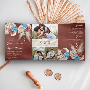 Invitation Trois Volets Ivory Palm Pampas Cinnamon Rose tout en un Mariage