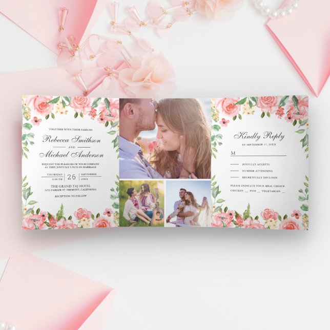 Invitation Trois Volets Jardin floral rose vif Photo Collage Mariage (Créateur téléchargé)