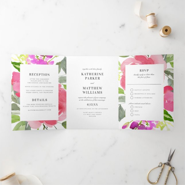 Invitation Trois Volets Joli Mariage d'aquarelle fleurie de printemps (Intérieur)