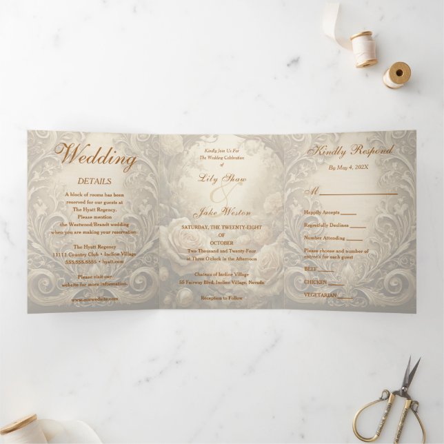 Invitation Trois Volets Joli Mariage Rose (Intérieur)