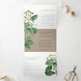 INVITATION TROIS VOLETS KRAFT BERRY LEAFY FOLIAGE MARIAGE VERT
