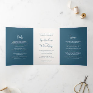 Invitation Trois Volets Kylee Bleu Traditionnel Mariage élégant