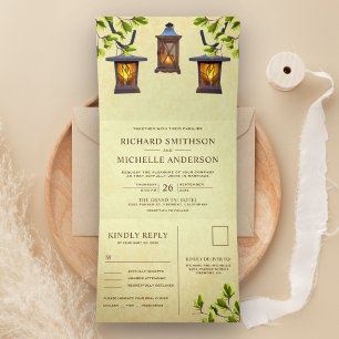 Invitation Trois Volets Lanternes rustiques vintages tout en un Mariage