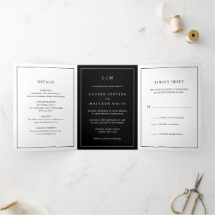 Invitation Trois Volets Lauren Black Monogramme Mariage élégant