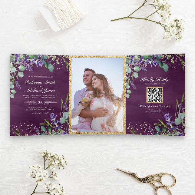 Invitation Trois Volets Lavande et Eucalyptus Purple QR Code Mariage (Créateur téléchargé)