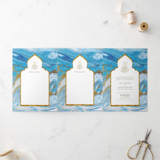 Invitation Trois Volets LeahG Blue Islam Mariage invite Nikah (Extérieur)