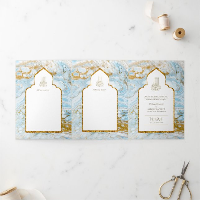Invitation Trois Volets LeahG Blue Islam Mariage invite Nikah (Extérieur)