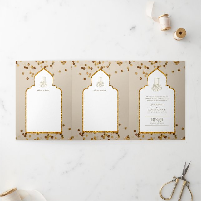 Invitation Trois Volets LeahG Gold White Islam Mariage invite (Extérieur)