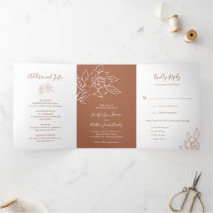 Invitation Trois Volets Ligne Terracotta Art Floral Mariage élégant