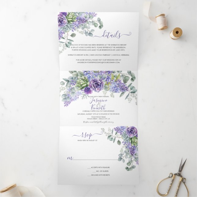 Invitation Trois Volets Lilacs rustiques, Succulents, Mariage d'eucalyptus (Intérieur)