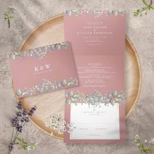 Invitation Trois Volets Lilas Feuillage Rose Poussiéreux Monogramme Photo