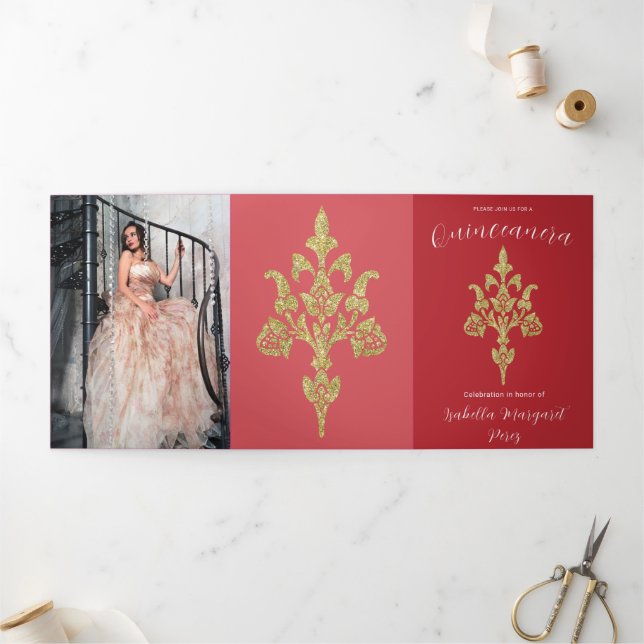 Invitation Trois Volets Lovely Gold Parties scintillant Quinceanera (Extérieur)