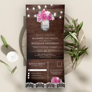 Invitation Trois Volets Lumières de mariage à cordes de roses roses magent