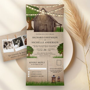 Invitation Trois Volets Lumières de mariage en bois de grange de ferme en