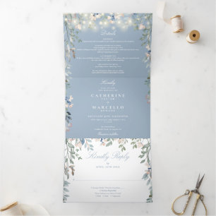 Invitation Trois Volets Lumières guirlandes florales bleu poussiéreux Phot