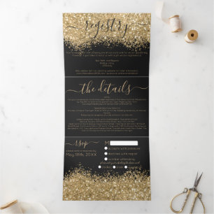 Invitation Trois Volets Luxury Gold Black Parties scintillant registre dét