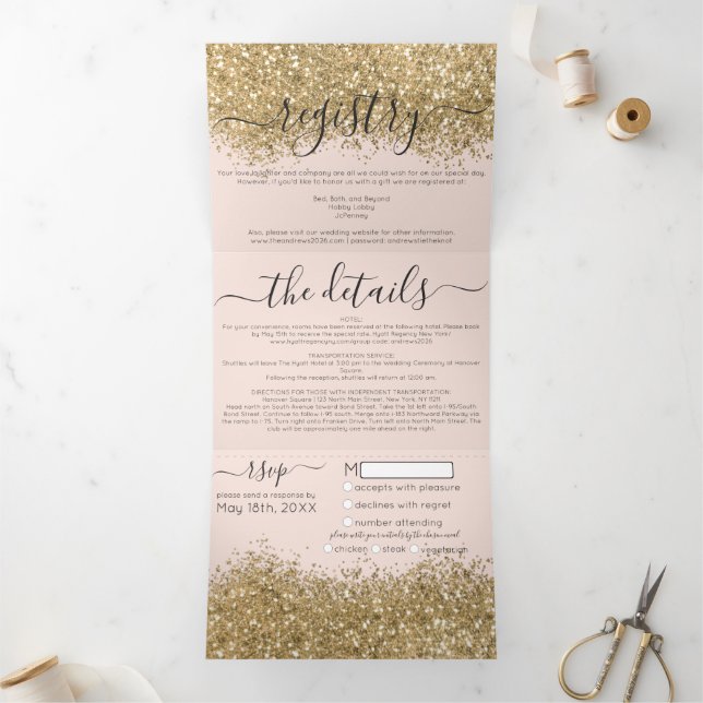 Invitation Trois Volets Luxury Gold Pink Parties scintillant Registre Déta (Intérieur)
