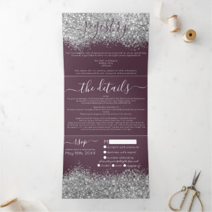 Invitation Trois Volets Luxury Silver Purple Parties scintillant Registre 